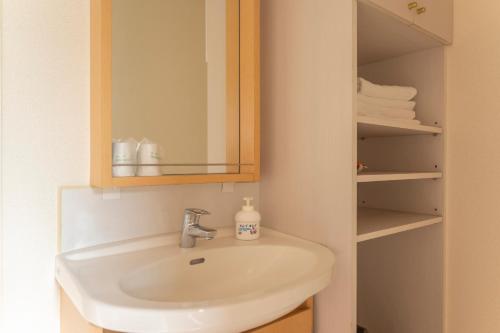 a bathroom with a sink and a mirror and towels at Le Nessa Jyogasaki in Ito