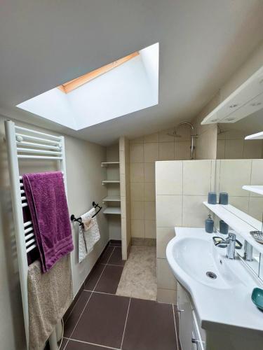 une salle de bain avec un lavabo et un miroir dans l'établissement Brin d'Ardèche, à Saint-Prix