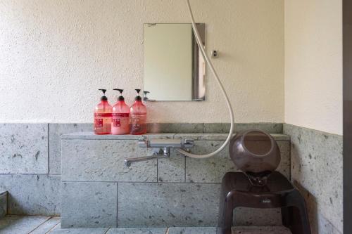 a bathroom with a sink and a mirror and a toilet at Le Nessa Jyogasaki in Ito