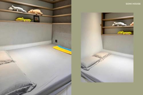 two photos of a small room with a bed and shelves at SOMI House in Thôn Trường Giang
