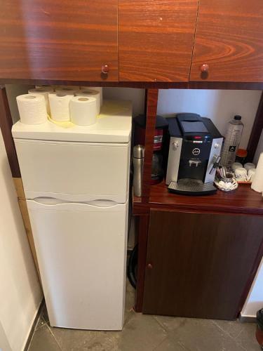 una piccola cucina con frigorifero e macchina per il caffè di Casa Cătoiu a Sibiu