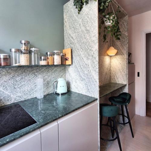 une cuisine avec des armoires blanches et un comptoir dans l'établissement Spacious apartment with WiFi in the heart of Paris, à Paris