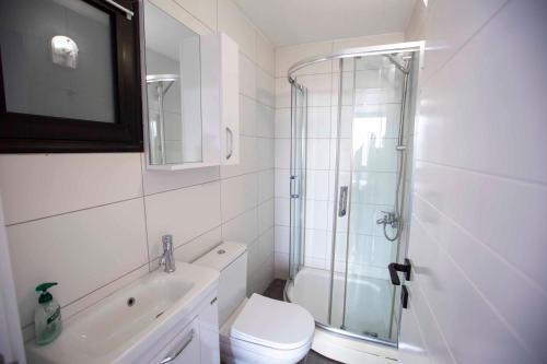 a bathroom with a shower and a toilet and a sink at BlueRoza Elegant Sea View by HolidayKeys in Kérynia