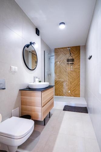 a bathroom with a sink and a toilet at Mazurskie Apartamenty "Jak Tu Miło!" in Węgorzewo