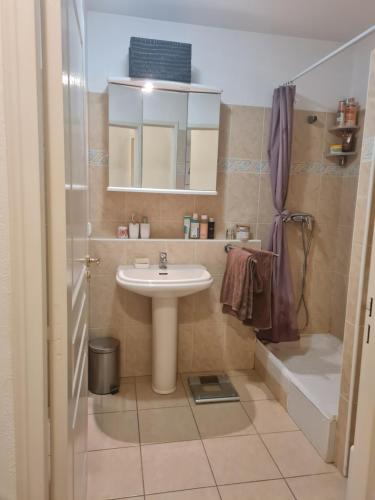 a bathroom with a sink and a toilet and a shower at Perle de la côte in Menton