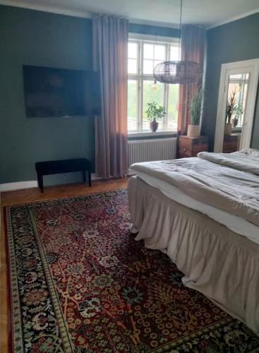 a bedroom with a large bed and a rug at Båt huset in Halmstad