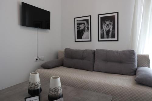 a living room with a couch and a flat screen tv at iliana's apartment 3 in Kardítsa