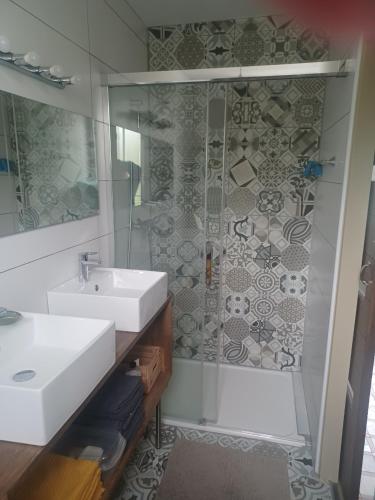 une salle de bain avec un lavabo et une douche dans l'établissement les chambres du Kergolo, à Plouézec