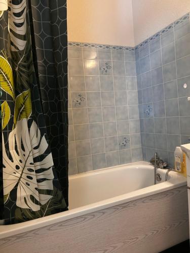 a bathroom with a tub and a shower curtain at Studio la Gioia in Allos