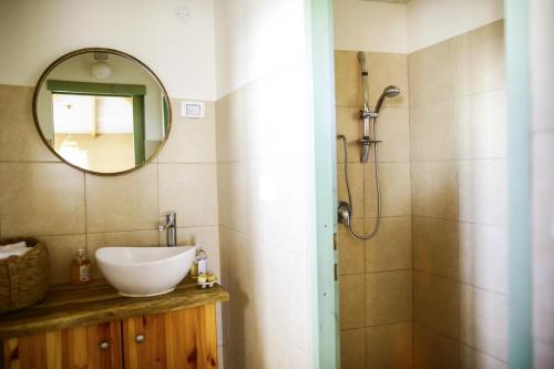 a bathroom with a sink and a shower with a mirror at Neot Semadar Eco Lodge in Naẖal Ya‘alon