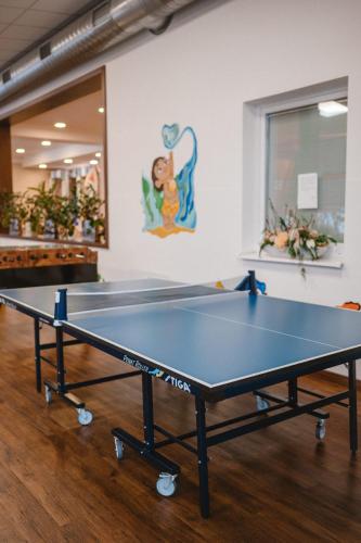 a ping pong table in a room with a mural at Hotel Lesana in Vysoké Tatry