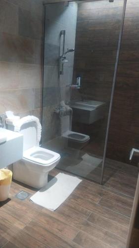 a bathroom with a shower and a toilet and a sink at Private One bedroom and a Hall in Dubai