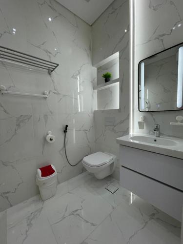 a white bathroom with a toilet and a sink at Studio102 in Naama bay in Sharm El Sheikh
