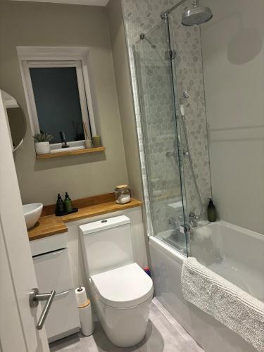 a bathroom with a white toilet and a shower at Central Lakes Staycation in Penrith