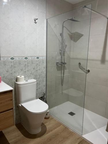 łazienka z toaletą i przeszklonym prysznicem w obiekcie APARTAMENTO LA PERLA w mieście Portonovo