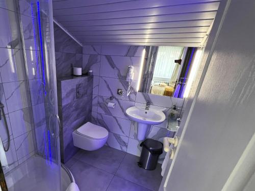 a small bathroom with a toilet and a sink at AbWentur Pokoje in Gdańsk
