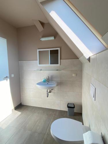 a bathroom with a toilet and a sink at Ferienwohnungen Lily, Bärwalder See, Ferienwohnung "UHYST" in Boxberg