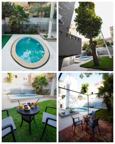 a collage of four pictures of a pool and a table at The H Zamalek Suites in Cairo