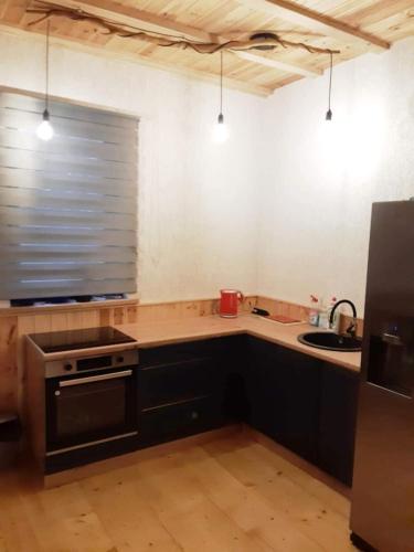 a kitchen with black cabinets and a sink and a window at Wooden House Close to the Beach in Pērkone