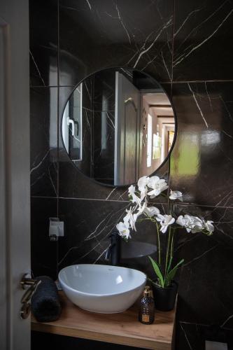 a bathroom with a white sink and a mirror at Carska oaza in Lukino Selo