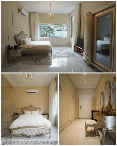two pictures of a bedroom with a bed and a room at The H Zamalek Suites in Cairo