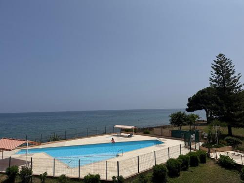 une grande piscine avec l'océan en arrière-plan dans l'établissement Appartement n 216 Moriani plage, à Santa-Lucia-di-Moriani