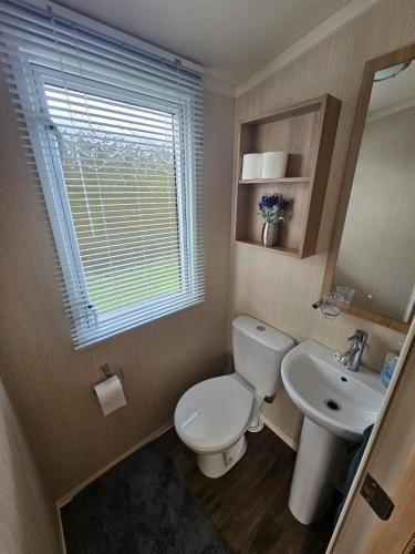 a bathroom with a toilet and a sink and a window at Punchbowl Caravan Park in Penrith
