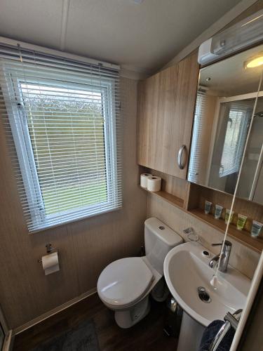 a bathroom with a toilet and a sink and a mirror at Punchbowl Caravan Park in Penrith