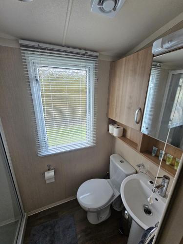 a bathroom with a toilet and a sink and a window at Punchbowl Caravan Park in Penrith