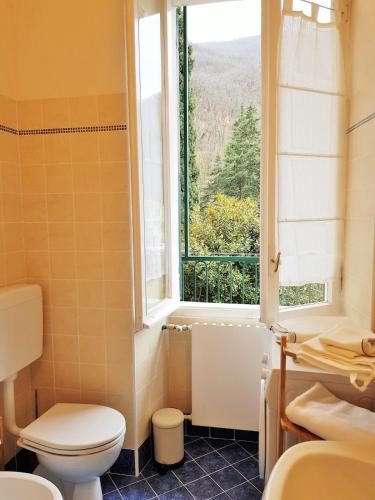 a bathroom with a toilet and a window at Medieval Pieve, holiday home with garden, WiFi & parking in Pieve di Teco