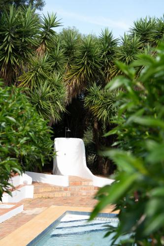 a swimming pool in front of some palm trees at Beautiful private Villa with pool, Boliqueime, Loulé in Boliqueime