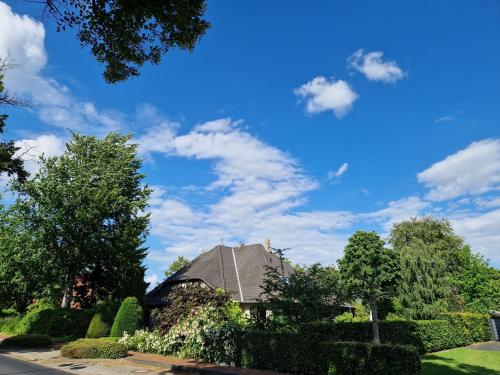 a house with bushes and a blue sky with clouds at Schomaker Fatmann in Rastdorf