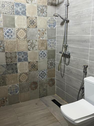 a bathroom with a shower and a toilet at Villa Clémentine piscine privée - 6 pers in Berkawe