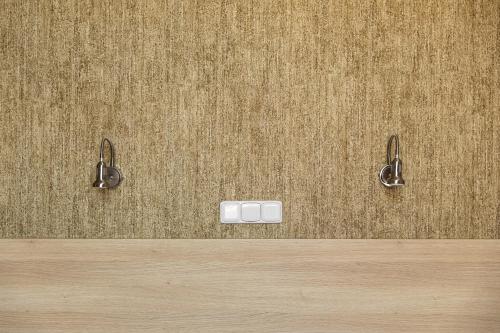 a wooden wall with two handles and a white object at Hotel Ambiance in Prague