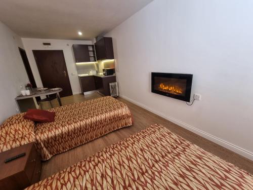 a hotel room with two beds and a fireplace at Mountain Paradise 2 - Quiet Cosy Studio - Balcony, Wifi in Bansko