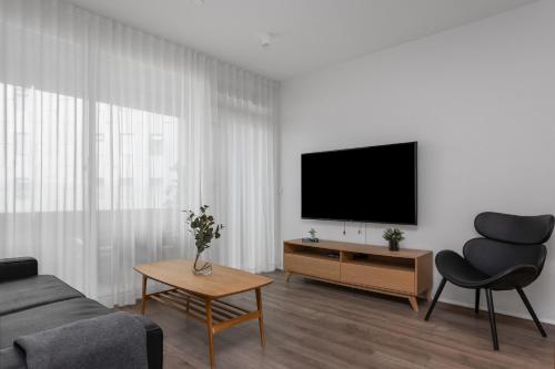 Una televisión o centro de entretenimiento en Sif Apartments by Heimaleiga