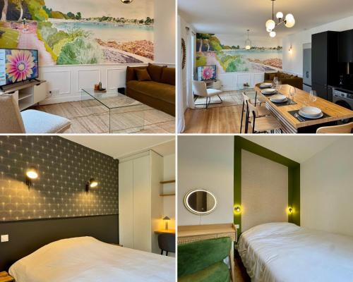 un collage de trois photos d'une chambre d'hôtel dans l'établissement Les Jardins du Théâtre - Élégance, Bois & Design, à Quimper