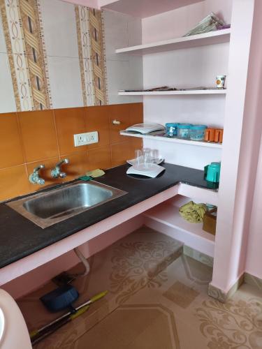 a kitchen with a sink and a counter at Rithu Homestay in Chennai