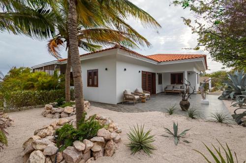 a small white house with a palm tree at Villa Shelu in Willibrordus
