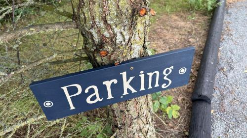a blue sign that says parking next to a tree at Sycamore and Stars Off Grid Retreat in Grasby