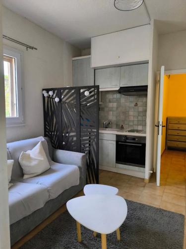 un salon avec un canapé et une table et une cuisine dans l'établissement Studio Presqu'ile du Brusc - Gaou, à Six-Fours-les-Plages