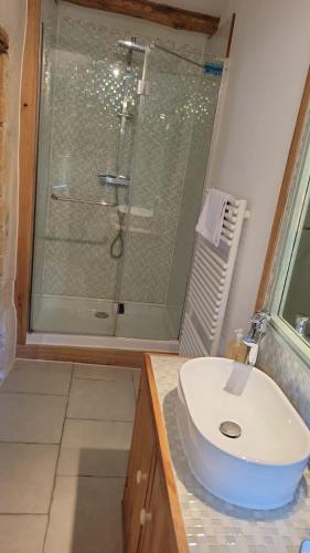 une salle de bain avec une douche, des toilettes et un lavabo dans l'établissement La Treille, à Saint-Hilaire-du-Bois