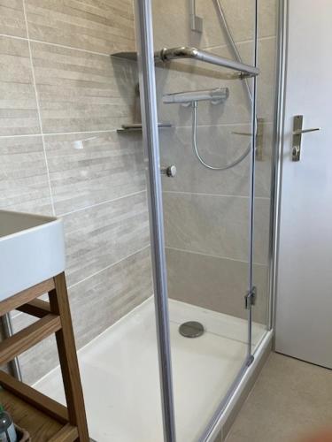 une douche avec une porte vitrée dans une salle de bain dans l'établissement TY ROZ beau gîte tout rénové en bord de mer, à Perros-Guirec