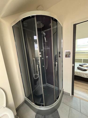 une salle de bain avec une douche en verre dans une chambre dans l'établissement Charming Plant Studio, à Rouen