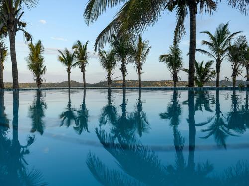 a row of palm trees reflected in a pool of water at San Martinho Vila Azul in Vila Praia Do Bilene