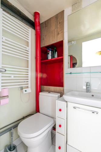une salle de bain avec des toilettes, un lavabo et un tuyau rouge dans l'établissement Studio cosy pour 2 au cœur de Paris, à Paris