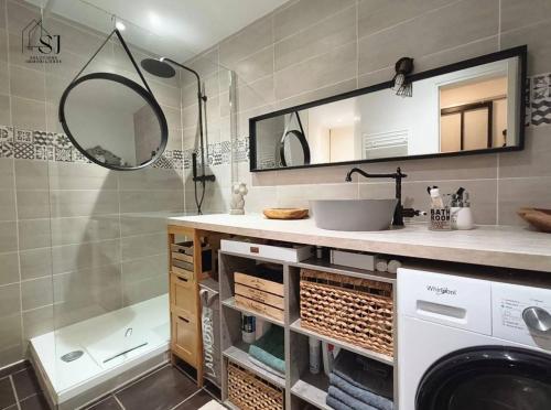 une salle de bain avec un lavabo et une machine à laver dans l'établissement Maison de village avec terrasse et espace de plaisance au bords du Rhône, à Les Roches-de-Condrieu