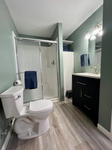a bathroom with a toilet and a shower and a sink at Nanas Lil House in Maryville