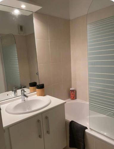 une salle de bain avec un lavabo, une douche et une baignoire dans l'établissement Appartement avec terrasse, à Nîmes