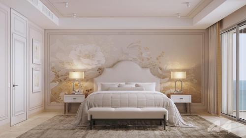 a bedroom with a large bed with a floral wallpaper at Almyros Beach in Acharavi